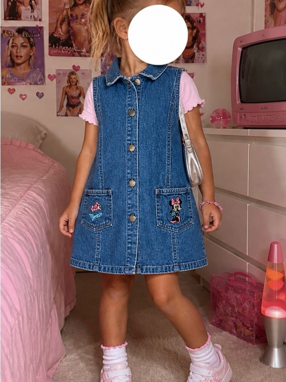 Y2K Disney Denim Front Button Dress with Minnie Mouse Embroidery